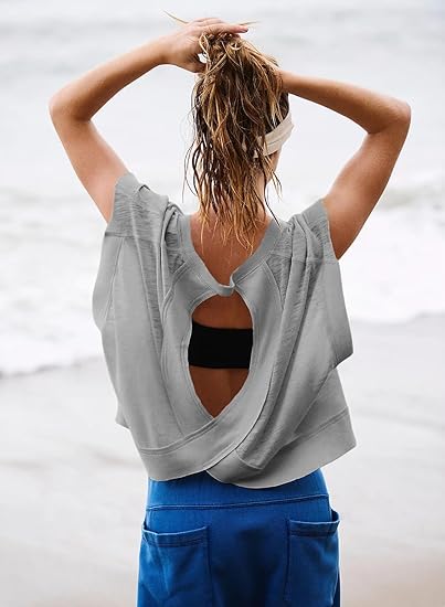 Women Short Sleeve Workout Shirts Open Back Tops Casual Yoga Y2k Athletic Gym Slouchy Crop Running Tees