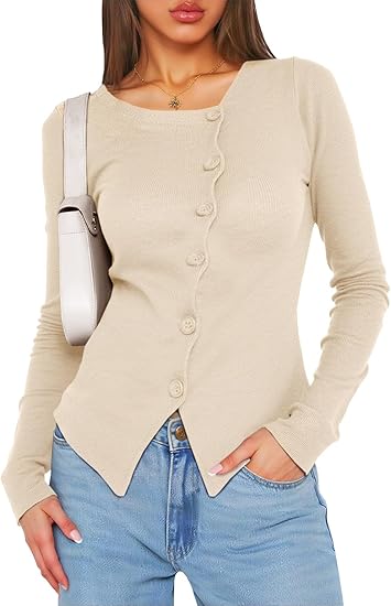 Womens Long Sleeve Asymmetrical Tops Button Down Ribbed Fitted Cropped Shirts Trendy Fall Blouses