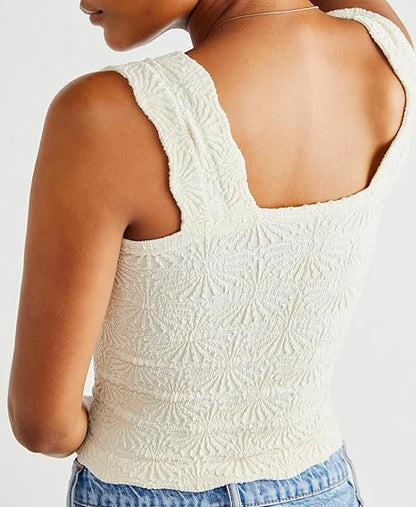 Women's Square Neck Wide Strap Crop Tank Tops Flower Going Out Tops Slim Fit Lettuce Trim Crop Cami Tops