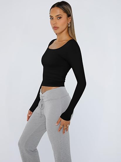 Trendy Queen Womens Long Sleeve Shirts Crop Tops Fall Fashion