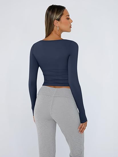 Trendy Queen Womens Long Sleeve Shirts Crop Tops Fall Fashion