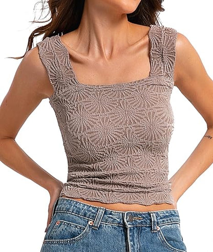 Women's Square Neck Wide Strap Crop Tank Tops Flower Going Out Tops Slim Fit Lettuce Trim Crop Cami Tops