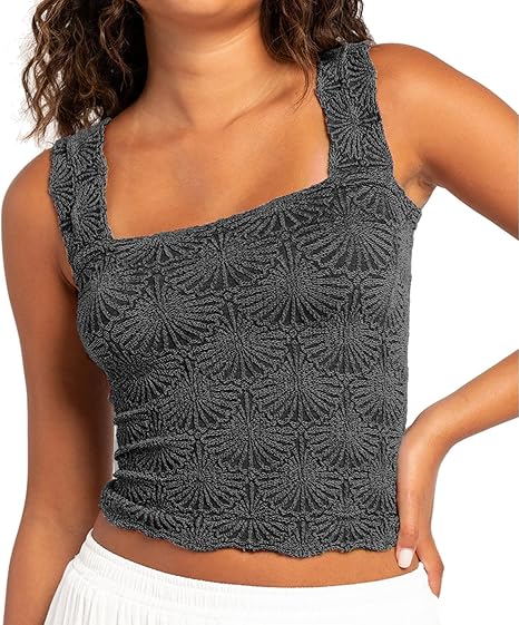 Women's Square Neck Wide Strap Crop Tank Tops Flower Going Out Tops Slim Fit Lettuce Trim Crop Cami Tops