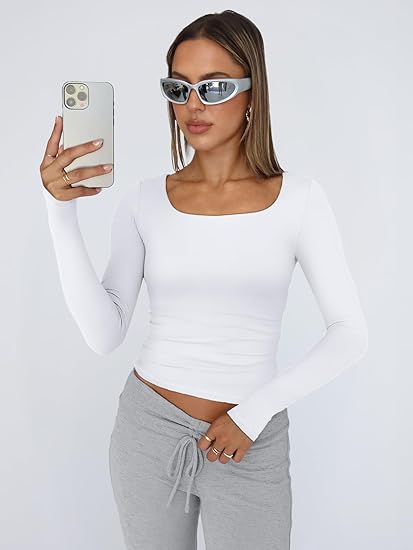 Trendy Queen Womens Long Sleeve Shirts Crop Tops Fall Fashion
