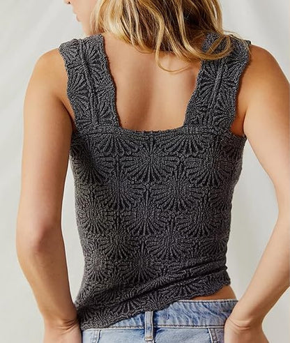 Women's Square Neck Wide Strap Crop Tank Tops Flower Going Out Tops Slim Fit Lettuce Trim Crop Cami Tops